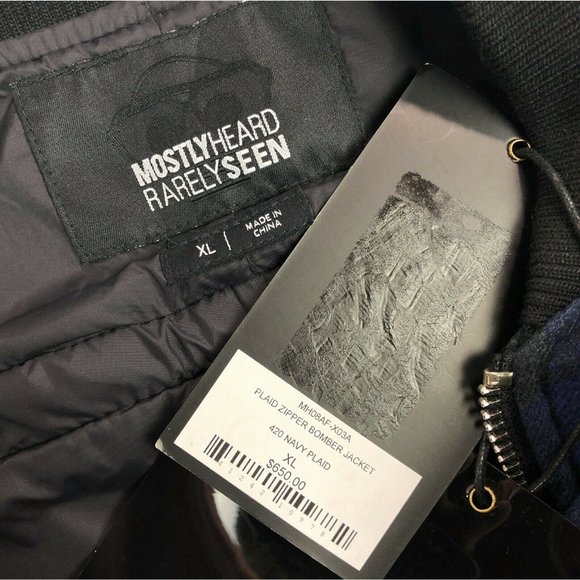 Mostly Heard Rarely Seen Mens XL Blue Black Plaid Zipper Bomber Jacket Coat - Picture 6 of 12